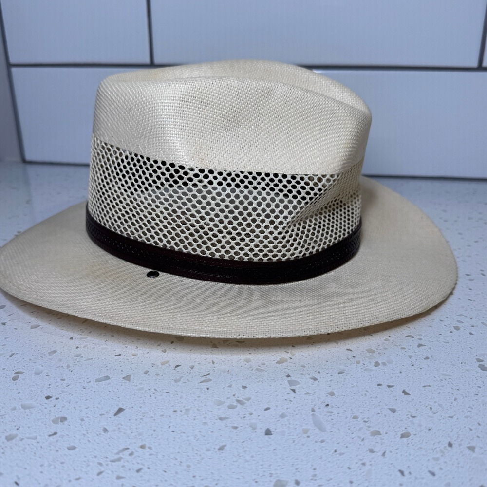 American Hat Makers Freedom Hats Milan Cream Mesh Straw Fedora Outback Hat M